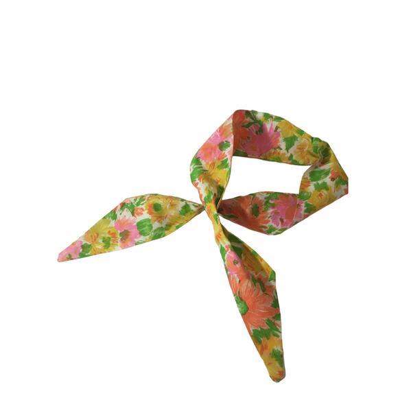 Vintage 1960s Floral Head Scarf Flower Child Garden Print Yellow Pink Orange - Picture 2 of 3